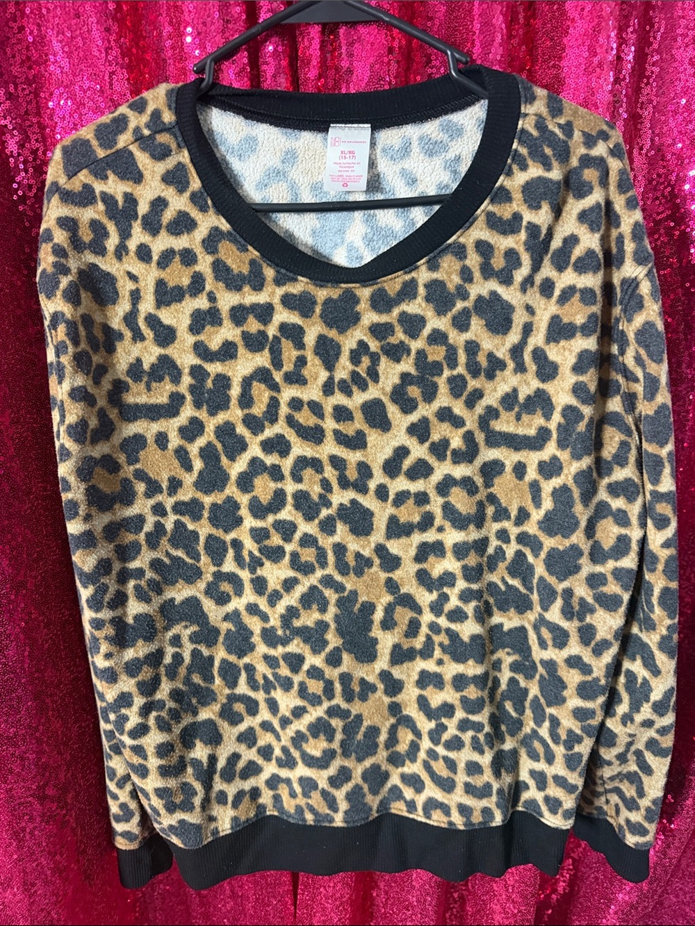 No Boundaries Leopard Print Crewneck Sweater - Tan/Black